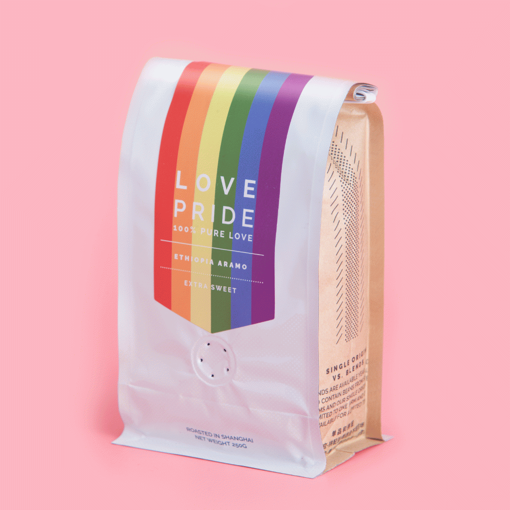 Sumerian Coffee Roasters Shanghai - Studio Rushton-Smith, custom coffee bag and label design, custom event 'Love Pride' Shanghai