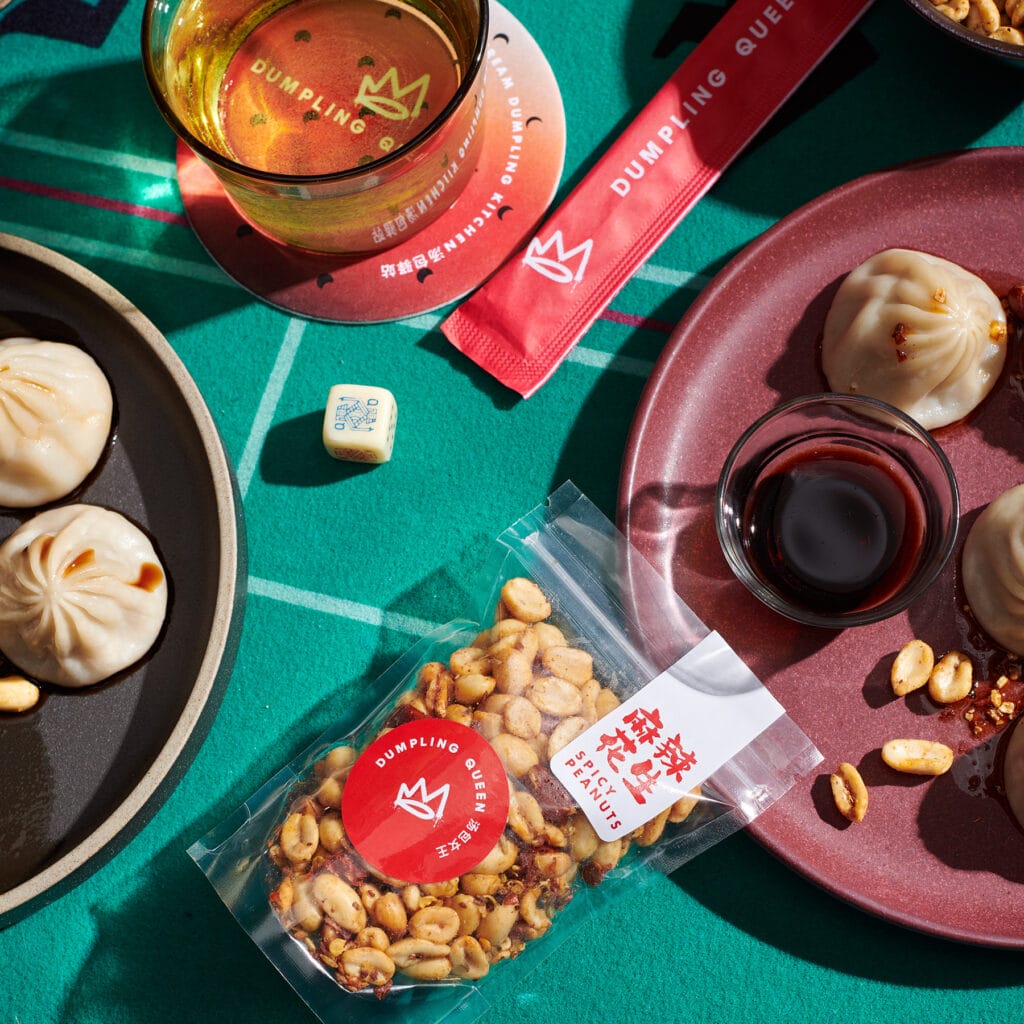 Hospitality branding Dumpling Queen spicy peanuts custom label packaging